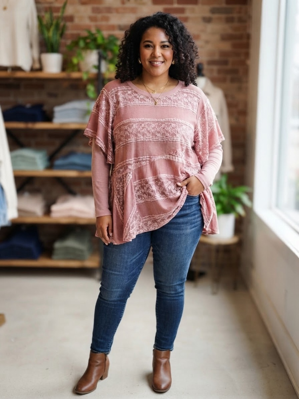 easel Dusty Rose Lace-Trim Long Sleeve Tunic